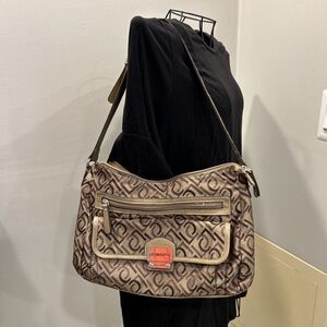 Liz Claiborne printed shoulder small purse hand bag tan beige